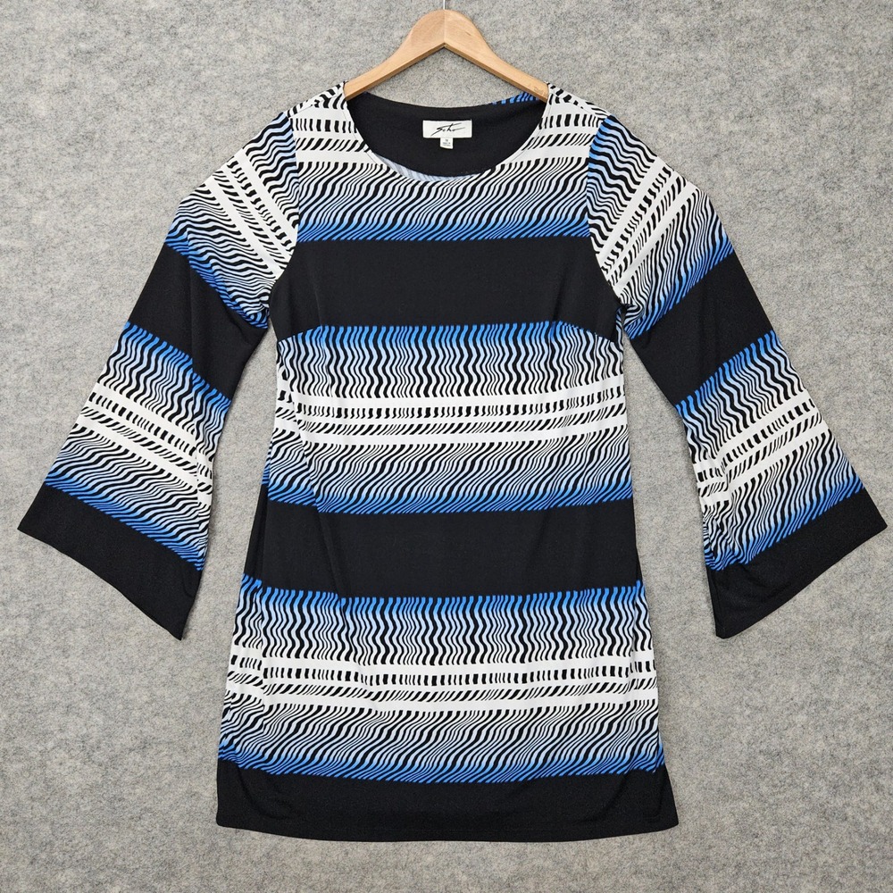 Soho Dress Women's 1X Blue Black White Striped Bell Sleeve Knit Boho Hippie